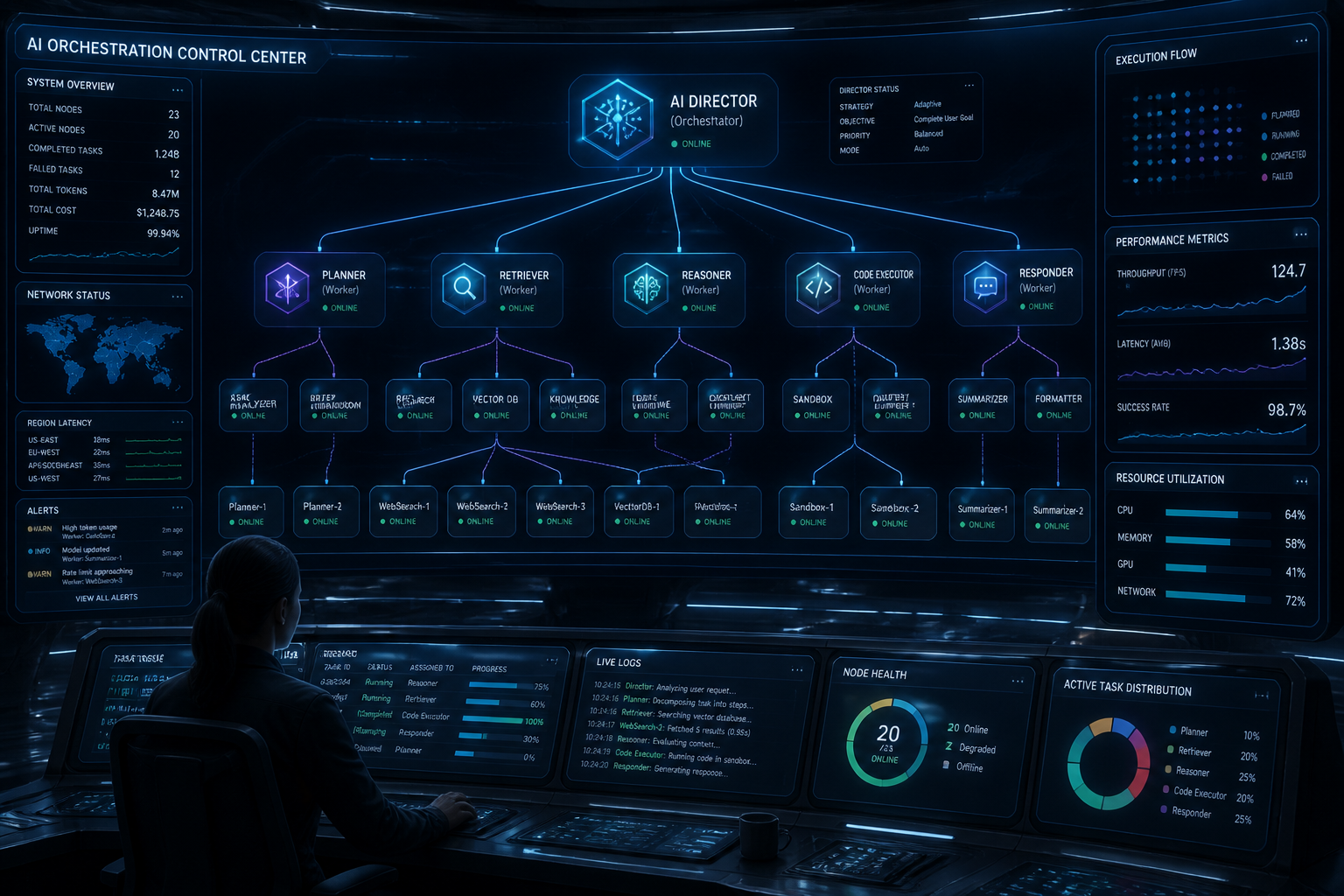 Orchestration graph with an AI director coordinating worker nodes