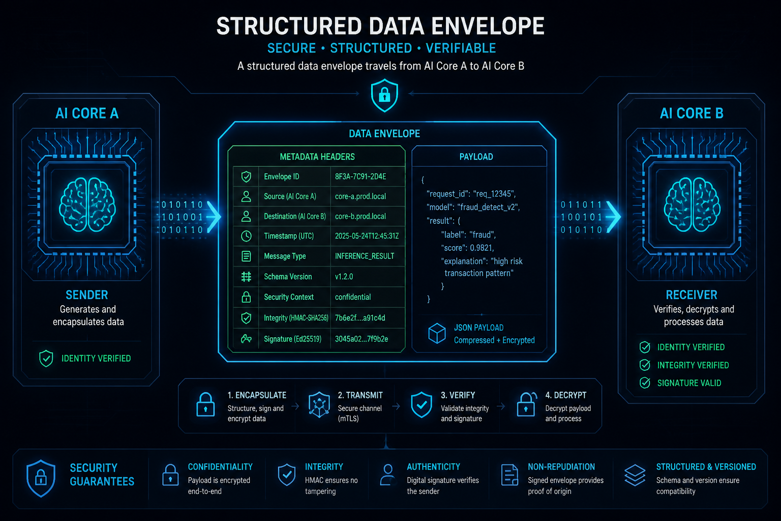 Structured data envelope passing between AI cores